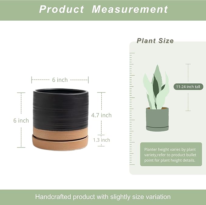 6 Inch Plant Pots, Ceramic Planter Pot with Drainage Hole & Saucer, Indoor/Outdoor Cylinder Round Planter Pot, Matte Black & Brown-Ruum Studio Home