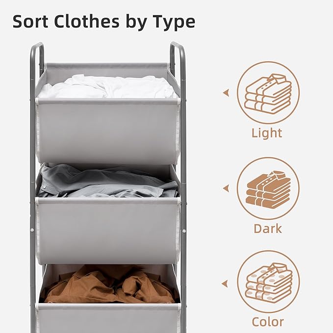 STORAGE MANIAC 120 Liters Vertical Rolling Laundry Hamper, 3 Section Laundry Sorter with Wheels and 2 Breaks, 3-tier Laundry Baskets for Small Space, Dorm, Laundry Room, Closet, Bathroom, Gray 3-tier-Ruum Studio Home