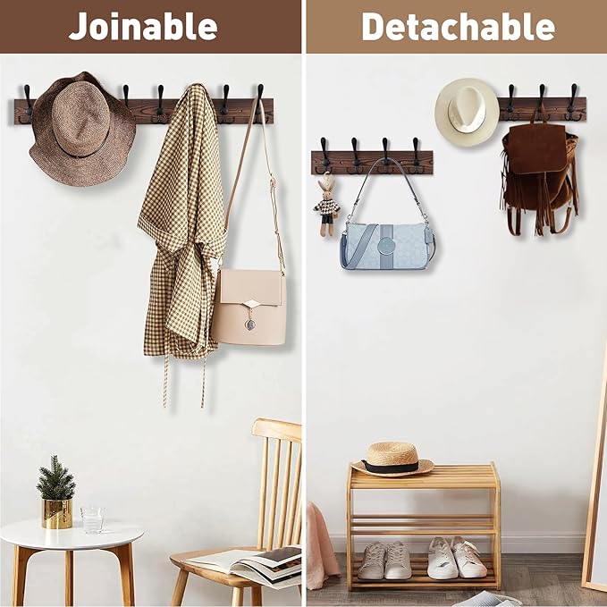 32.2'' Large Coat Rack Wall Mount Coat Hooks Coat Hanger with 8 Metal Black Triple- Hooks Brown Pine Real Wood Plank Hat Rack for Wall Hooks for Hanging Coat Hat Jacket-Ruum Studio Home