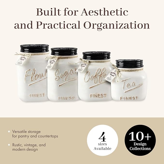 Young's 4 Piece Ceramic Canisters Sets for Kitchen, Country Style Ceramic Containers for Flour, Sugar, Tea and Coffee, Storage Containers with Lids 10.75"-Ruum Studio Home