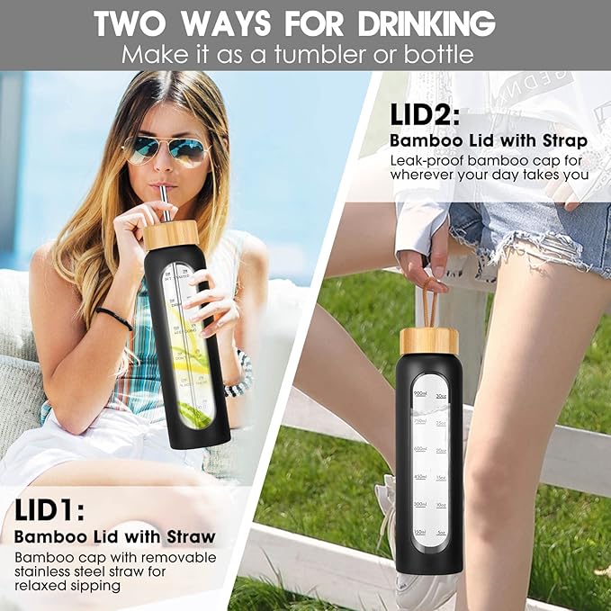 32 oz Glass Water Bottle with Straw - Motivational Time Marker & Silicone Sleeve - Reusable Tumbler Includes 2 Bamboo Lids & Fruit Infuser - 1 Pack-Ruum Studio Home