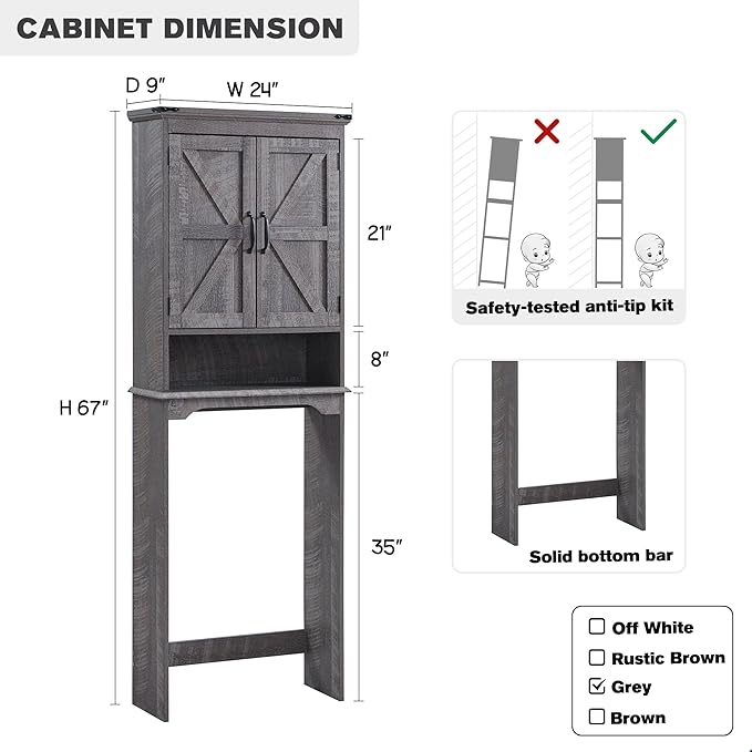 Over The Toilet Storage Cabinet, Farmhouse Bathroom Cabinet with Adjustable Shelf & Barn Door, 67" Tall Over The Toilet Shelf, Grey Wash-Ruum Studio Home