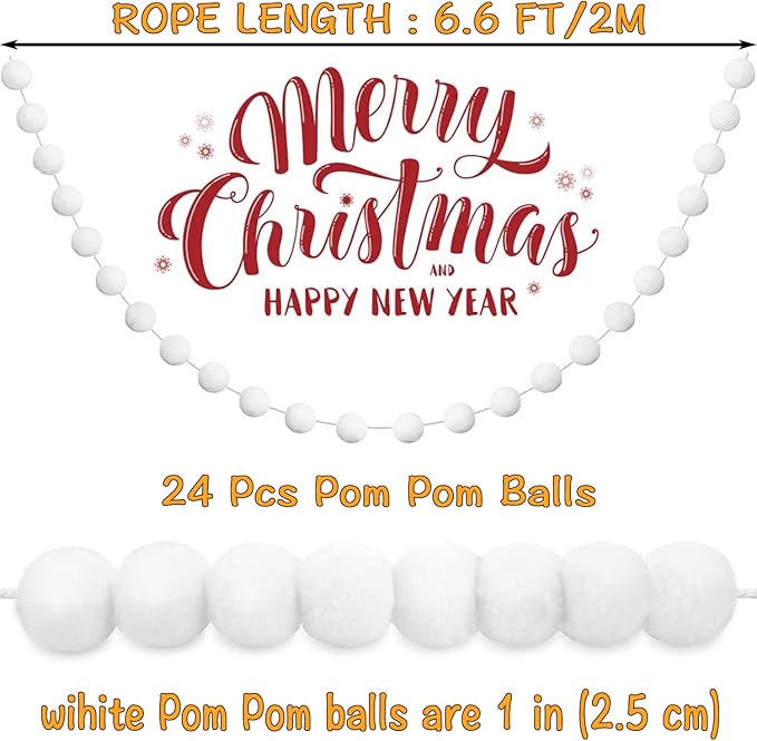 Jishi 3pk White Felt Pom Pom Garland Christmas Tree Decorations Indoor Home Decor, Cute Winter Wonderland Snow Ball Ornaments, Hanging String Pompom Snowball Beads, Xmas Holiday Birthday Party Banners-Ruum Studio Home
