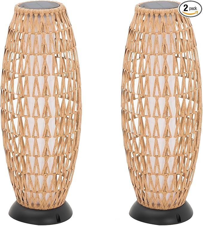 2 Pack Large Patio Solar Powered Lanterns for Garden Outdoor Decorative Floor Lamp Water-Resistant Wicker Lights for Deck Backyard-Ruum Studio Home