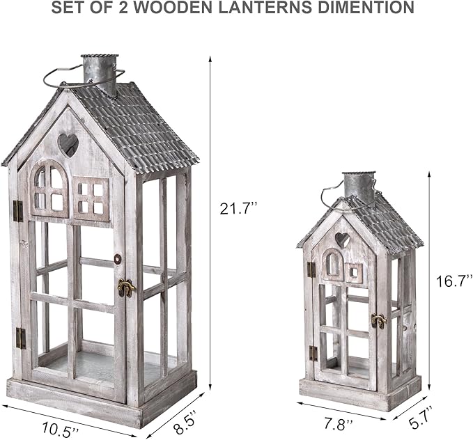 Large Farmhouse Wooden Metal Candle Lantern Set of 2, Rustic Decorative Floor Lanterns, Indoor/Outdoor Village Houses Lantern for Home Decor (No Glass)-Ruum Studio Home