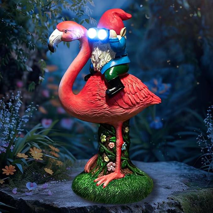 Solar Flamingo Gnome Garden Decor Statue, Outdoor Funny Solar Light Decoration for Yard, Patio, Lawn, Unique Housewarming, Birthday Gift for Women, Mom, Grandma-Ruum Studio Home
