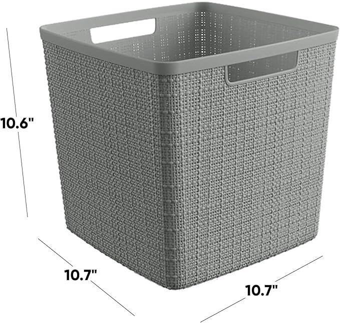 Curver Set of 4 Jute Large Cube Decorative Plastic Organization and Storage Baskets, Perfect Bins for Home Office, Closet Shelves, Kitchen Pantry and All Bedroom Essentials, Grey-Ruum Studio Home