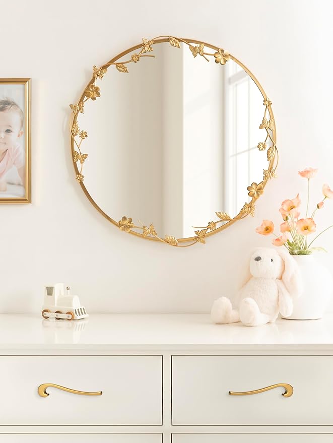 Kate and Laurel Rosella Modern Ornate Round Wall Mirror, 26 Inch Diameter, Gold, Circle Mirror with Floral Detailing for Use as Bathroom Mirror for Over Sink or Cute Nursery Mirror Decor-Ruum Studio Home