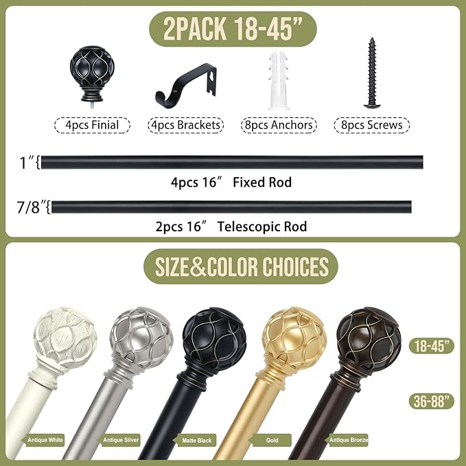 Black Adjustable Curtain Rods for Windows:Farmhouse Heavy Duty Curtain Rod for Bedroom Living Room,Boho Decorative Rustic Drapery Rods with Vintage Coastal Finials,Matte Black 2 Pack 18-45"-Ruum Studio Home