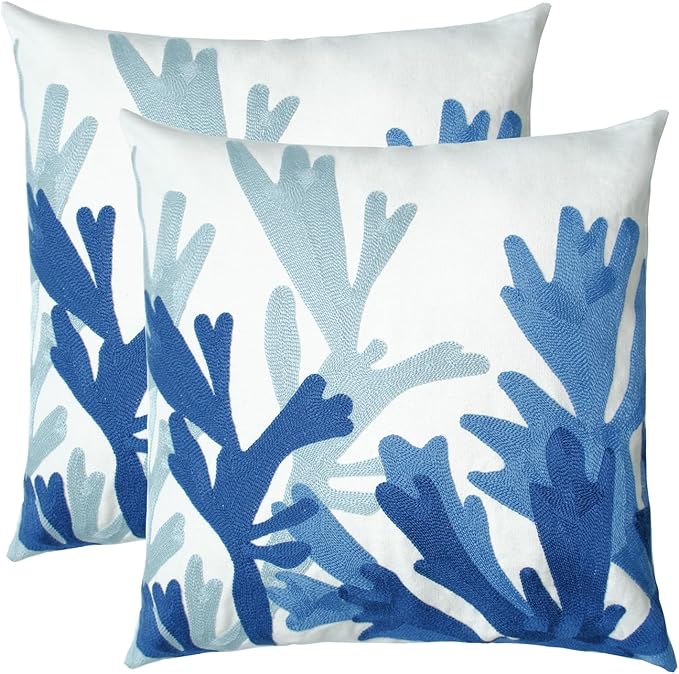 Embroidered Decorative Throw Pillow Cover, 18"x18" Set of 2, Farmhouse Pillowcase Blue Corals Knit Pattern Cotton Canvas Cushion Case Square Floral Pillow Case for Sofa Couch Bed Living Room-Ruum Studio Home
