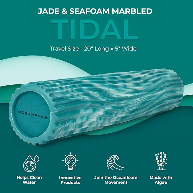 Oceanfoam Tidal Roller - Jade & Seafoam Marbled - Muscle Massage Foam Roller for Back Pain & Stretching - Firm and Ergonomic Wide Wave Textured - Yoga, Athletics, & Wellness - Full Size, 20" x 5"-Ruum Studio Home