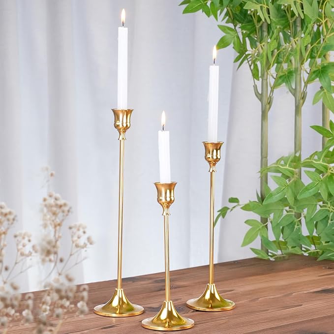 Metal Candle Holders for Candlesticks Taper Candlestick Holders Set Vintage Decorative Centerpiece Candelabra Tall Candle Stands for Halloween Thanksgiving Christmas (Gold, 4 Sets (12 pcs))-Ruum Studio Home