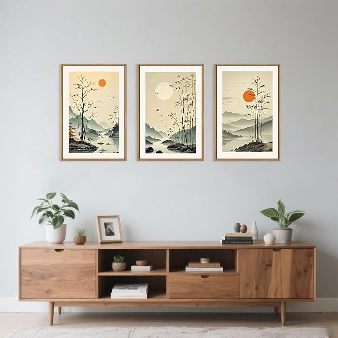 Celestdeco Chinoiserie Bamboo Forest Framed Canvas Wall Art Set, Nature Tree Lakes Wall Decor, Minimalist Zen Landscape Wall Painting, Watercolor Art Prints for Living Room, Bedroom, Office 24"X36"X3-Ruum Studio Home