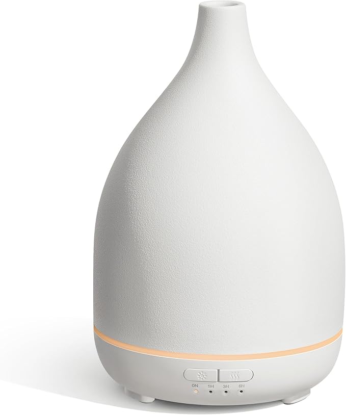 InnoGear Oil Diffuser, 300ML Ceramic Diffuser for Essential Oils Handcrafted Aromatherapy Diffuser Ultrasonic Cool Mist Humidifier with 4 Timers Waterless Auto Off for Room Office, White Base-Ruum Studio Home