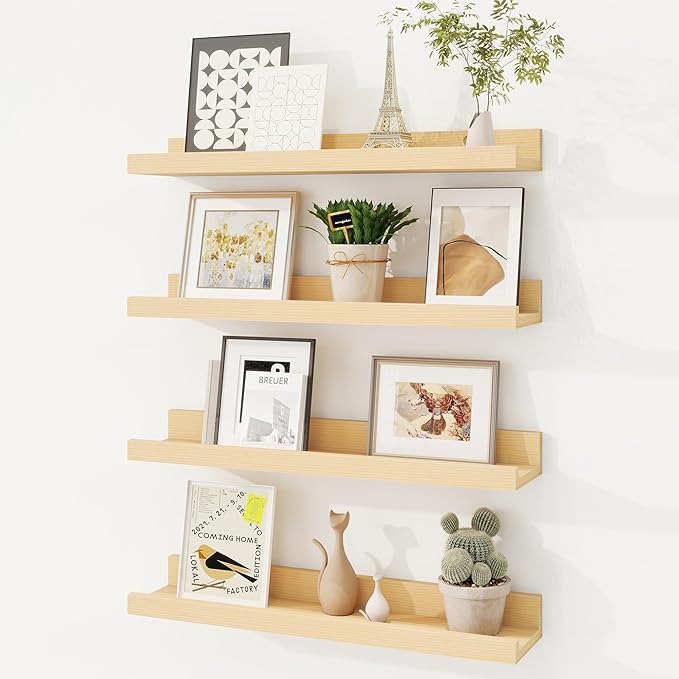 Picture Ledge Shelf, Solid Pine Wood Floating Shelves Set of 4, 16 Inches Nursery Book Shelves for Toys Storage, Kids Bookshelf Wall Mounted for Living Room Decor Photo Frames, Unfinished Natural-Ruum Studio Home