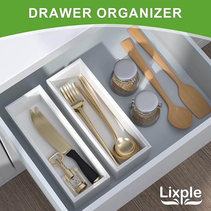 Utensil Organizer Silverware Drawer Organizer - Set of 2, Stackable Kitchen Organization, Bamboo Storage Box Tray for Kitchen Gadgets Bathroom Countertop (White)-Ruum Studio Home