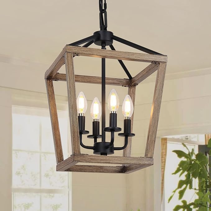 4 Light Farmhouse Chandelier, Rustic Ceiling Light Lantern Light Fixture with Wood Painted Metal Cage and Adjustable Chain, E12 Base Geometric Hanging Light Fixture for Entryway, Kitchen, Indoor-Ruum Studio Home