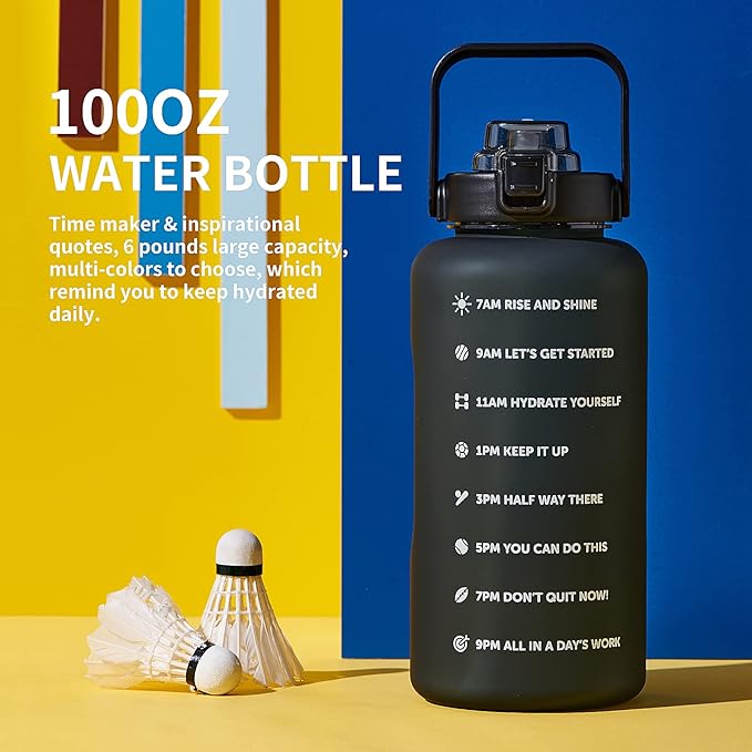 64oz,100oz,128oz Large Motivational Water Bottle with Time Marker, Leakproof & BPA Free Half Gallon Big Water Bottle with Straw Handle Tritan Frosted Water Jug for Gym,Fitness,Outdoor Sports-Ruum Studio Home