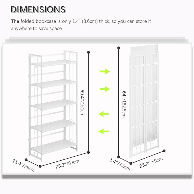 4NM No Assembly 5 Tiers Folding Bookshelf, 59.4" H Foldable Storage Shelves Vintage Bookcase Standing Racks Study Organizer Home Office - All White-Ruum Studio Home