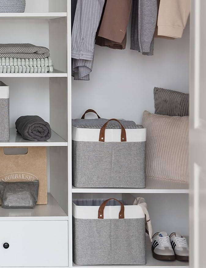 StorageWorks Storage Bins, Fabric Storage Bins for Shelves, Extra Large Storage Baskets with Metal Frame, Closet Baskets and Bins with Handles, Jumbo, Gray and White, 2-Pack-Ruum Studio Home