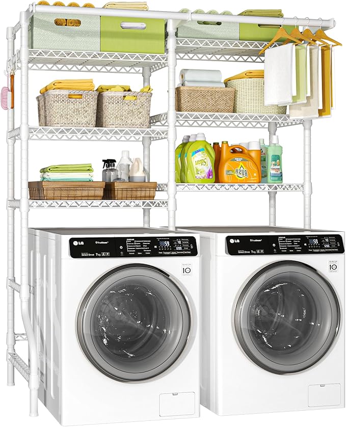 Ulif U13 Medium Over Washer and Dryer Storage Shelves, 6 Tiers Laundry Room Standing Shelf with 2 Hanger Rods, Space Saver Clothes Drying Rack, 57.8" W x 22" D x 77.4" H, White-Ruum Studio Home