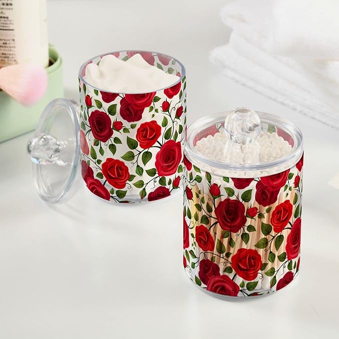 2 Pack Qtip Holder Dispenser Red Rose Flowers Bathroom Storage Canister Lid Acrylic Plastic Apothecary Jar Set Vanity Makeup Organizer for Cotton Swab/Ball/Round Pads, Floss-Ruum Studio Home