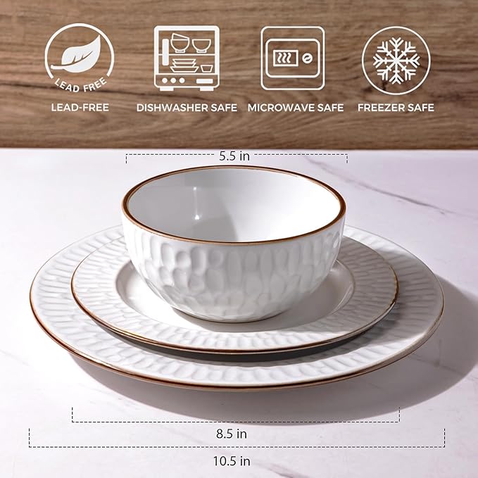 GBHOME Ceramic Dinnerware Sets,12 pcs Embossed Elegant Stoneware Plates and Bowls Sets, Housewarming Wedding Gift | Dishwasher & Microwave Safe | Dishes Set Service for 4-Ruum Studio Home