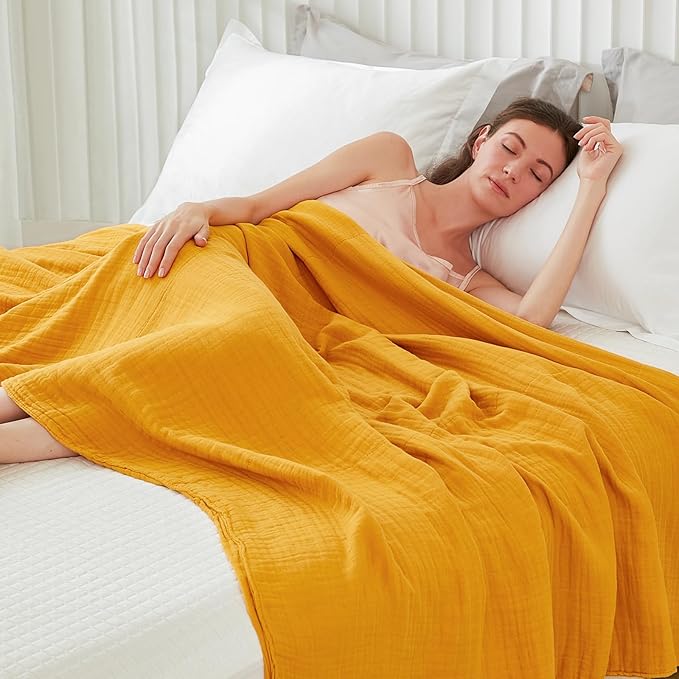 EMME Cotton Twin Blanket 100% Muslin Blanket for Couch Breathable Gauze Blanket All Season Soft and Lightweight Pre-Washed (Mustard Yellow, 60"x80")-Ruum Studio Home