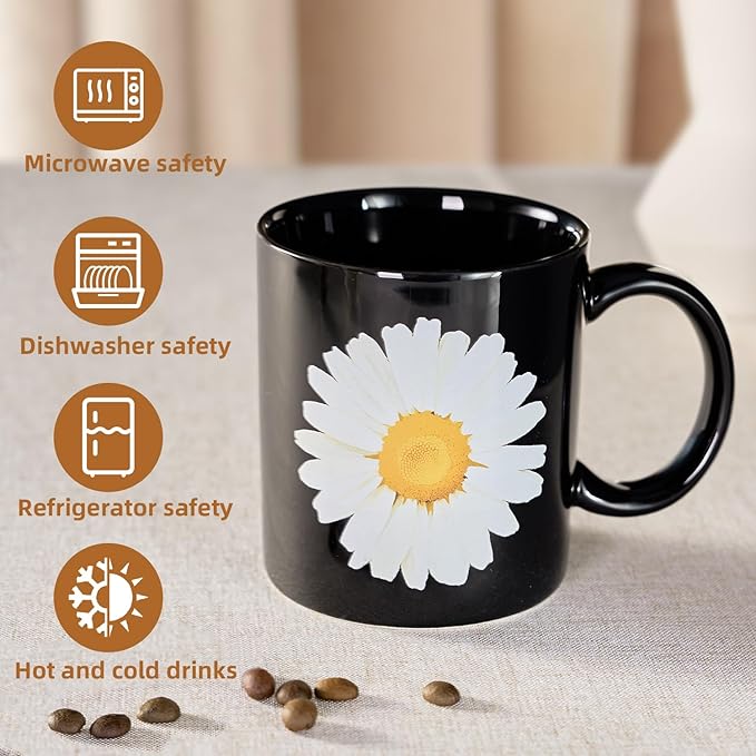 12Oz Daisy Black Ceramic Mug, Mug for Daily Coffee and Tea, Lead-free, Microwave and Dishwasher Safe Coffee Mug, Perfect gifts for women and men-Ruum Studio Home