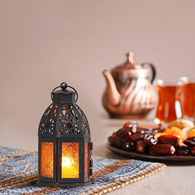 NEEDOMO Set of 4 Moroccan Candle Lantern, 9" Ramadan Lanterns Decorative Indoor Outdoor, Vintage Candle Holder for Chritsmas, Halloween, Table, Patio, Porch, Shelf, Ramadan Decorations (Amber)-Ruum Studio Home