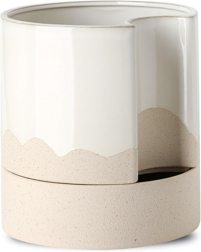 Nihow Self Watering Plant Pot: 8 Inch Ceramic Planter with Drainage Hole & Water Storage Plus for Indoor & Outdoor Plants - Cylinder Round Flower Pot for Succulent/Herbs/Violets - White & Wave Nature-Ruum Studio Home
