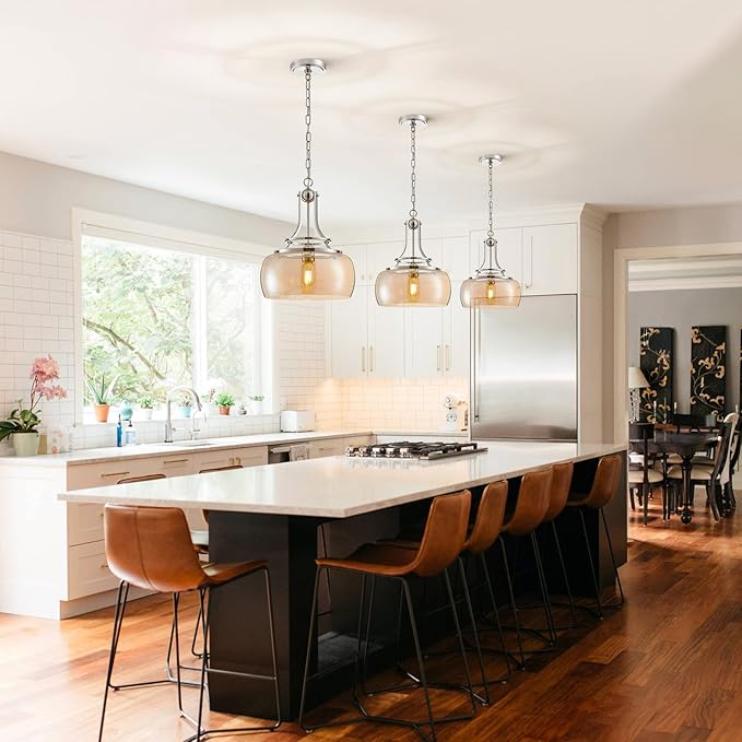 WUZUPS Nickel Chandelier Rustic Farmhouse Industrial Round Ceiling Pendant LED Light Fixture with Amber Glass Shade for Dining Room Kitchen Island Foyer Entryway, H 17" W 13.4", E26 Base-Ruum Studio Home