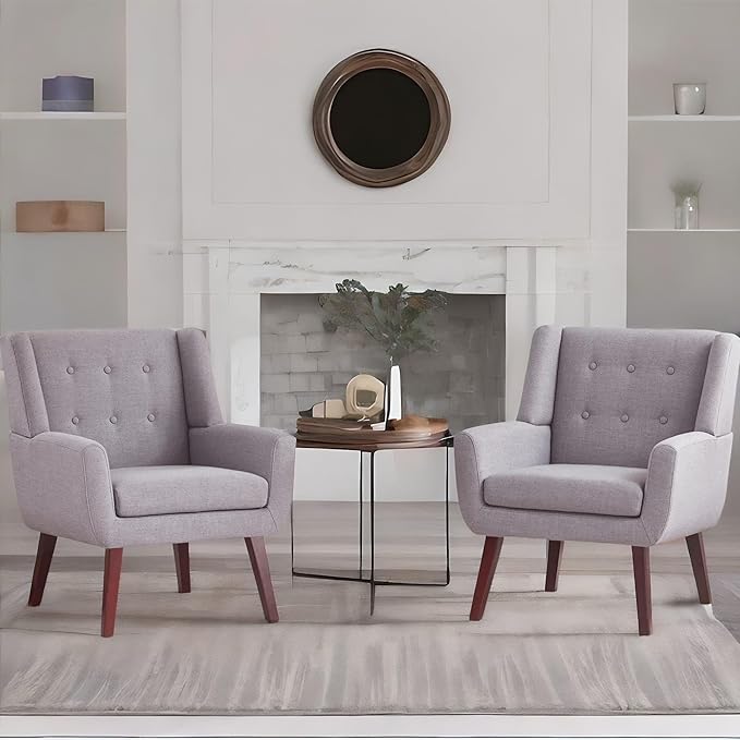 HUIMO Button-Tufted Accent Chairs Set of 2,Upholstered Reading Living Room Chair,Mid Century Modern Chair with Linen Fabric, Club Chair,Comfy Arm Chairs for Living Room,Bedroom,Light Grey-Ruum Studio Home