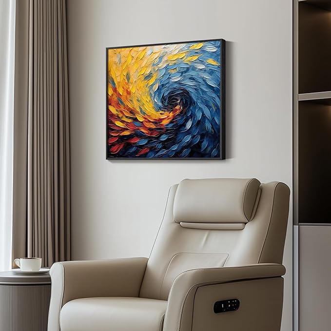 Framed Blue Modern Abstract Wall Art, Minimalist Large Canvas Paintings Artwork for Walls, Blue Yellow Art Prints Pictures for Living Room, Hallway, Bedroom, Office, Bathroom Wall Decor -24x24 Inch-Ruum Studio Home