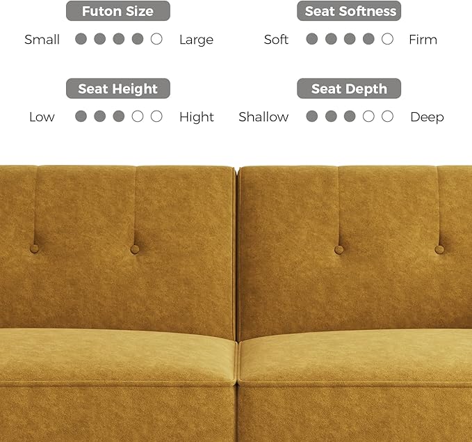 89” Futon Sofa Bed,Comfy Futon Couch Bed with 2 Square Pillows, Convertible Sleeper Sofa with Adjustable Backrest& Armrests, Modern Loveseat Sleeper for Living Room, Bedroom, Yellow-Ruum Studio Home