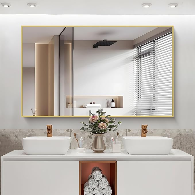 Gold Bathroom Mirror for Wall, 60x36 Inch Rectangle Mirrors with Metal Frame, Modern Vanity Wall Mirror Decor for Bathroom Living Room, Entryway Hangs Horizontal or Vertical-Ruum Studio Home