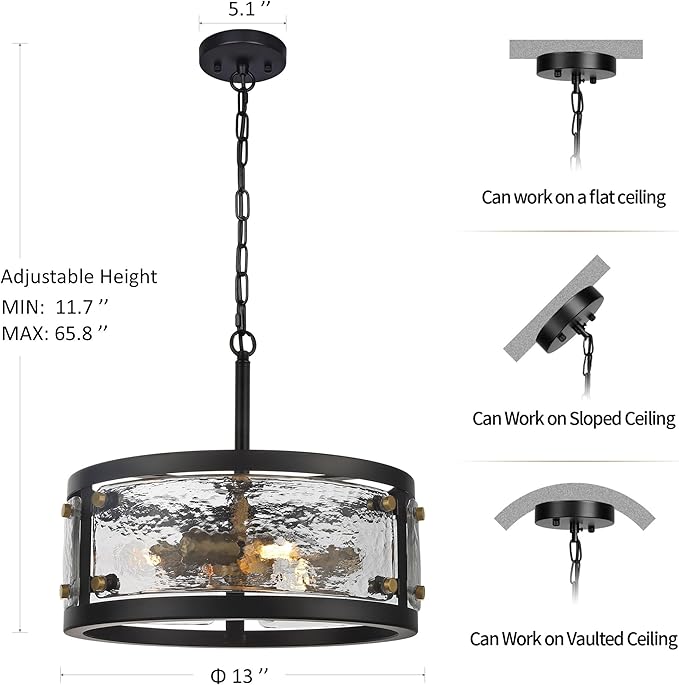 13" Industrial Drum Glass Chandelier, 3-Light Rustic Hanging Pendant Lights, Metal Round Lighting Fixture for Dining Room Foyer Entryway Hallway Bedroom, Clear Waterglass Drum Shade-Ruum Studio Home
