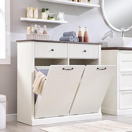Modern Double Tilt-Out Trash Cabinet, 20 Gallon Fluted Laundry Hamper Cabinet w/2 Drawers, Wooden Hidden Garbage Can Cabinets with Storage Basket,Free Standing for Kitchen & Living Room, White-Ruum Studio Home
