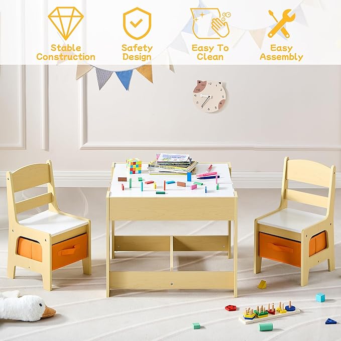 Kids Table and Chair Set, 3 in 1 Wooden Activity Table with Detachable Tabletop, Toddler Table and Chair Set with Storage Drawer, Kids Play Table for Children Art, Craft, Eating, Learning-Ruum Studio Home