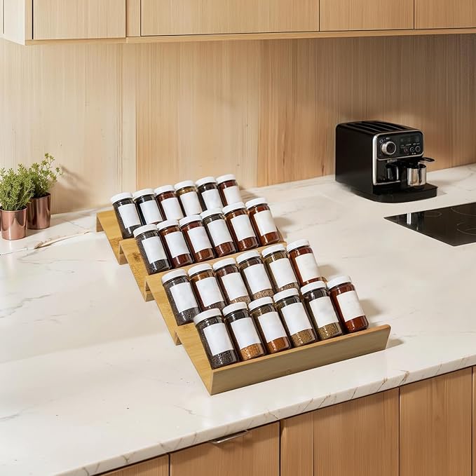 Bamboo Spice Rack For Drawer,4Pcs Tier Stackable Seasoning Storage Organizer Insert,for Kitchen Condiments Storage Insert(Jars Not Included,Combined Size:18.9" D x 9.5" W x 1.8" H）-Ruum Studio Home