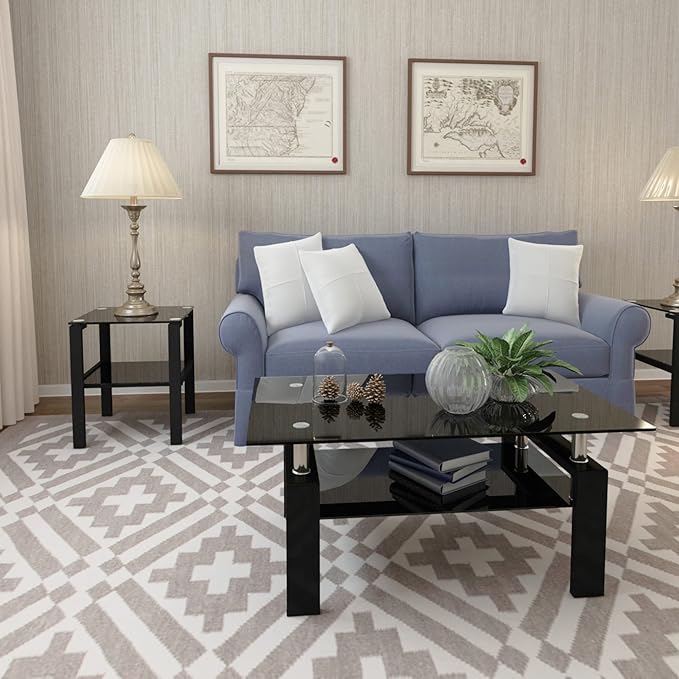 Black Glass Coffee Table for Living Room, Mordern Rectangle Tempered Glass Sofa Center Tables with Black Metal Leg for Home Office-Ruum Studio Home
