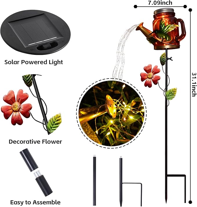 Solar Watering Can Light, Yard Outdoor Decor Lights, IP65 Waterproof, Hanging Hummingbird Garden Light, Outside Garden Flower Bed Decor, Women Gift, Birthday Gifts-Ruum Studio Home