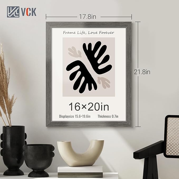 VCK 16x20 Picture Frames for Wall - 3 pack, Grey Natural Solid Wood Frame, Exclusive Wood Grain-Ruum Studio Home