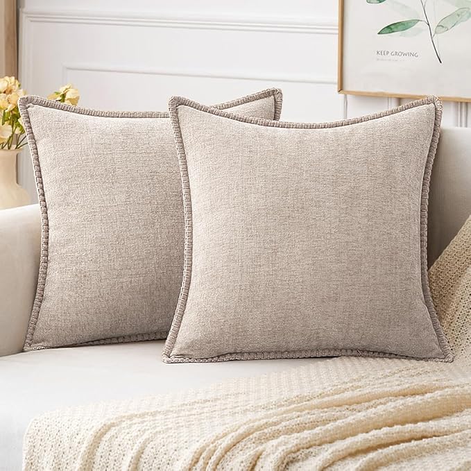MIULEE Pack of 2 Couch Throw Pillow Covers 18x18 Inch Light Brown Farmhouse Decorative Pillow Covers with Stitched Edge Soft Chenille Solid Dyed Pillow Covers for Sofa Bed Living Room-Ruum Studio Home