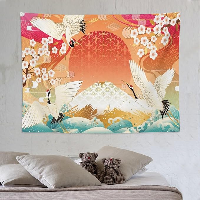 HZOHNAGO Japanese Tapestry Cherry Blossom Crane Sea Wave Fuji Mountain Red Sun Pattern Printed Wall Tapestry Painting Wall Hanging for Bedroom Living Room Dorm 80" W x 60" H-Ruum Studio Home