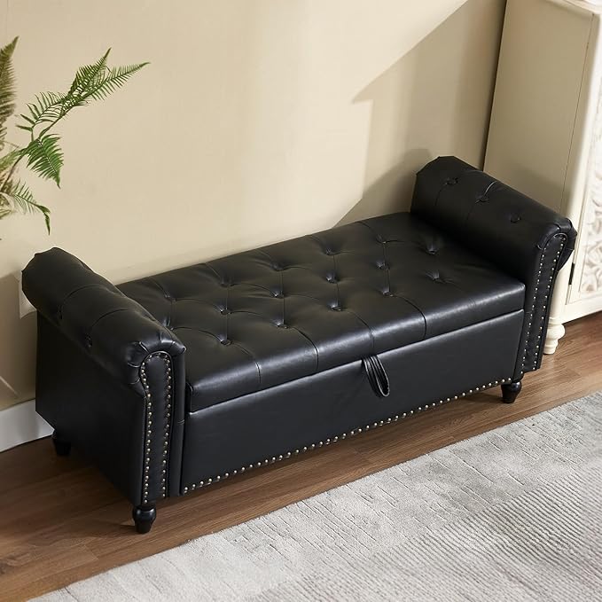 Furniliving 55” End of Bed Bench, Bedroom Bench with Button-Tufted, Large Upholstered Storage Ottoman Benches Entryway Bench with Storage Shoe Cabinet Bench, for Bedroom, Living Room, PU, Black-Ruum Studio Home