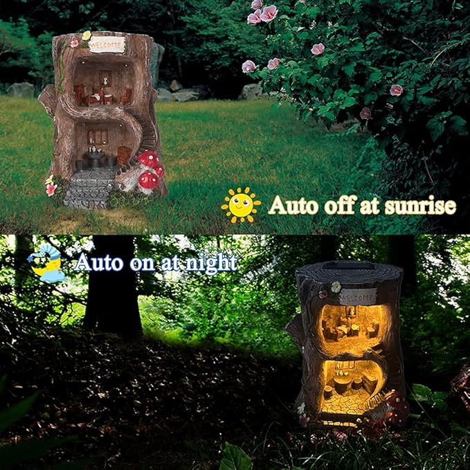Solar Light Gnome Fairy Garden House for Outside, Big Size Fairy Miniature Buildings Accessories House Sculptures for Outdoor Garden Patio Lawn Path Decorations, 8" Tall-Ruum Studio Home
