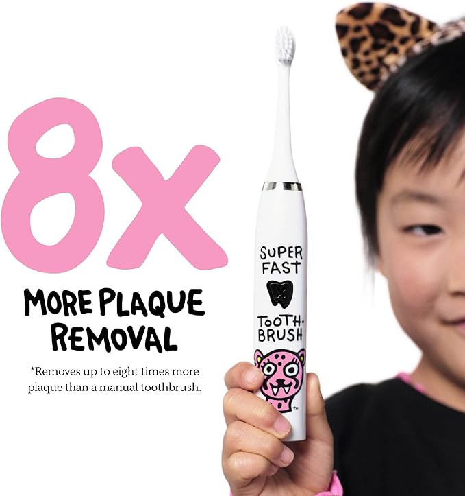 Kids Electric Toothbrush - Rechargeable Vibrating Toothbrush with Timer, Includes 6 Replacement Heads, Gently Cleans Teeth, for Girls and Boys, Kids & Toddlers Age 2+, Cheetah-Ruum Studio Home
