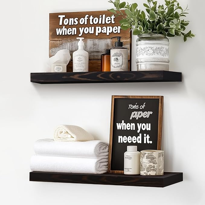 Floating Wall Shelves - 16"x6.8"x1.2" Sturdy Rustic Black Solid Wood Shelves for Storage and Décor, Easy Installation for Living Room, Bedroom, and Kitchen - 2 Pack-Ruum Studio Home