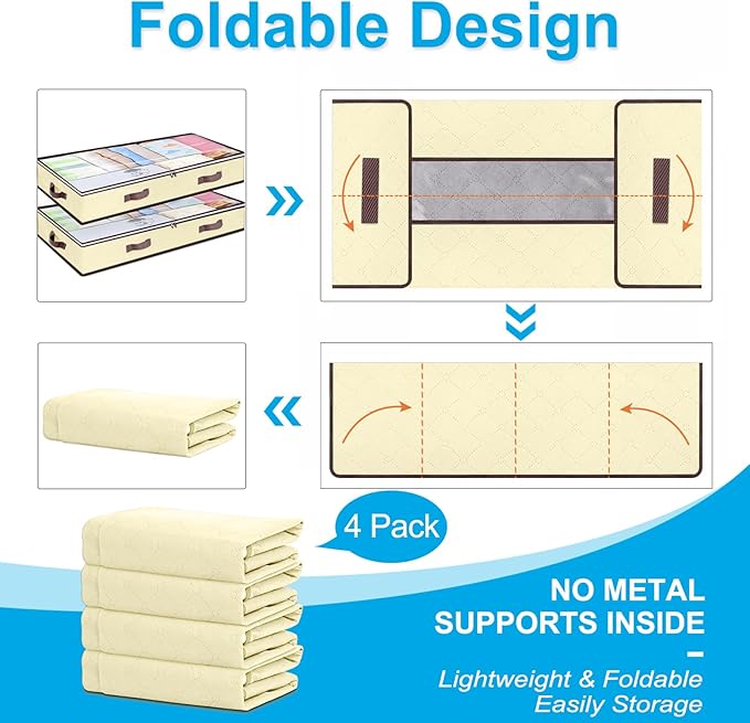 90L Under Bed Storage Containers, Closet Organizers and Storage Bins, Foldable Underbed Storage Bags for Blankets, Towels, Comforter, Sweaters, Pillows, Linen Sheets, Wrapping Paper, 4 Pack Beige-Ruum Studio Home